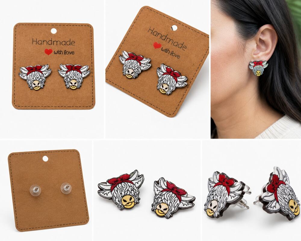 Handmade Highland Cow Stud Earrings – White Cow with Red Bow
